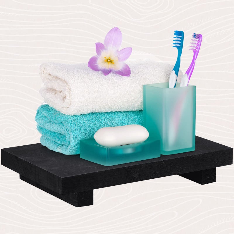 Nuogo Wood Riser Tray Soap, Stand Soap Tray for Kitchen Sink, Wood Pedestal for Kitchen Counter Sink Stand Decorative Rustic Bathroom Dishes for Plant Bottles Candles Display (Black, 12 x 7 Inch) - Image 3