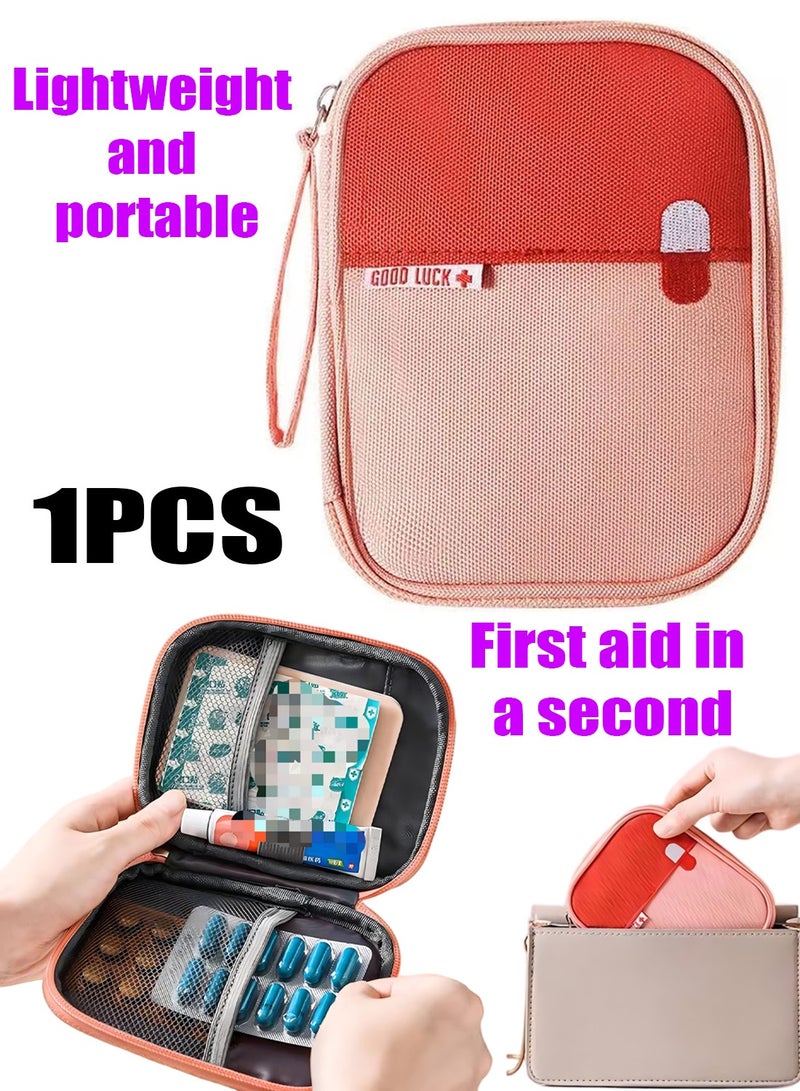 Portable Family Medicine Bag, Mini First Aid Kit Bag, Waterproof Outdoor Travel Storage Pouch for Camping Hiking Daily Use (Small, Pink) - Image 1