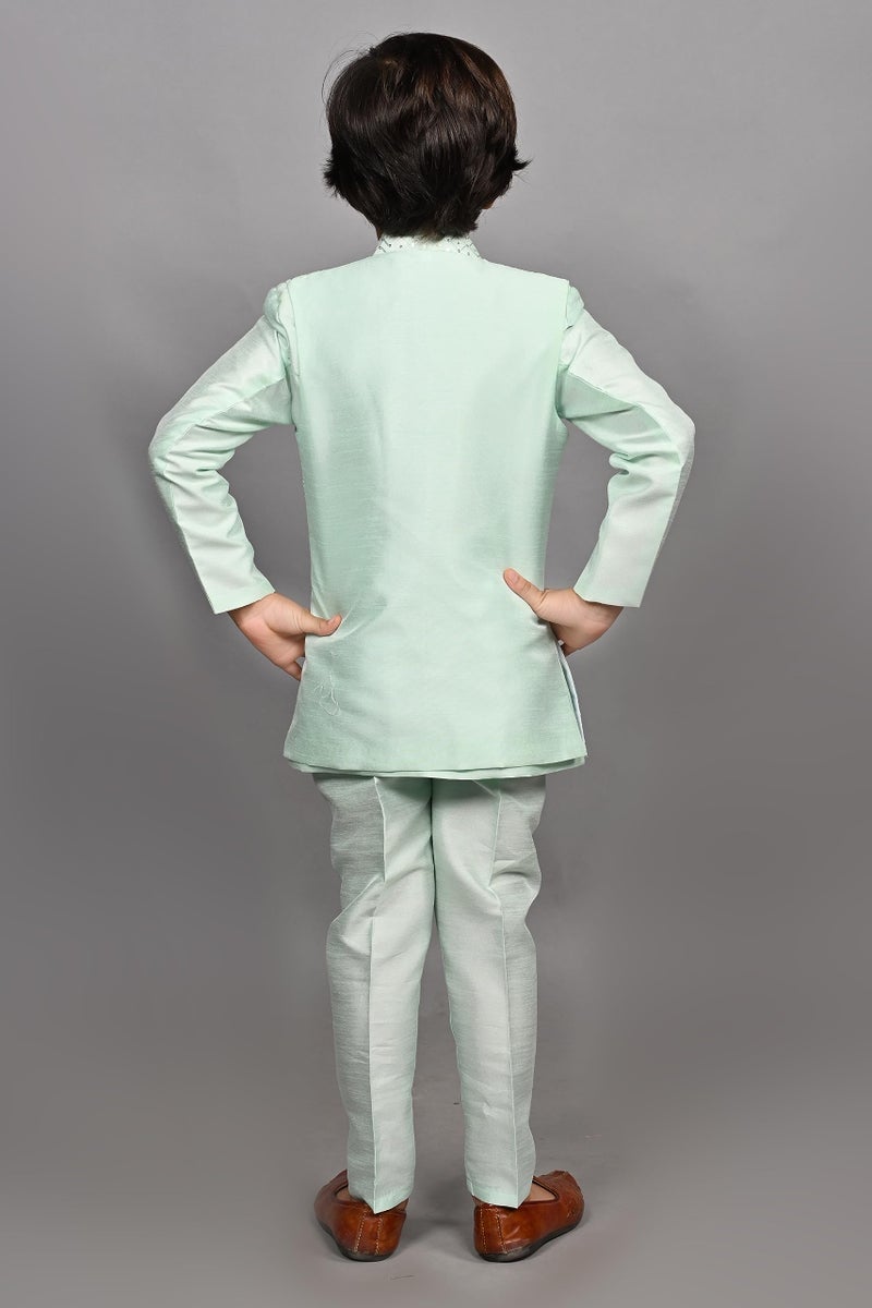 AHHAAAA Ahaaaa Kids Ethnic Silk Blend Bollywood Style Sherwani Waistcoat Kurta and Pyjama Set for Boys 526MF |Turquoise 6-7 Years, 526| - Image 4