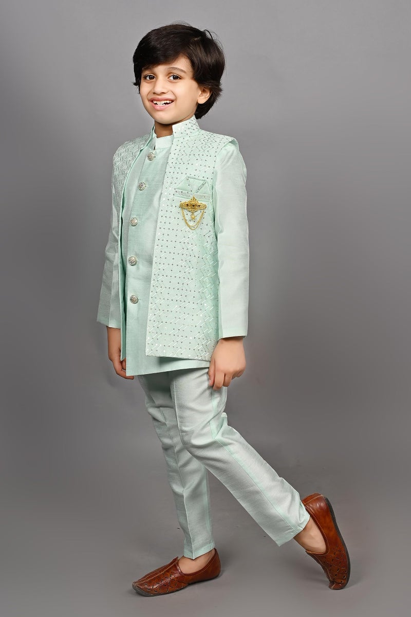 AHHAAAA Ahaaaa Kids Ethnic Silk Blend Bollywood Style Sherwani Waistcoat Kurta and Pyjama Set for Boys 526MF |Turquoise 6-7 Years, 526| - Image 5