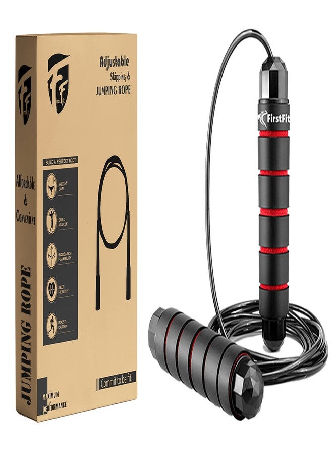 حبل قفز فيرست فيت مصنوع من كلوريد البولي فينيل، مقاوم للتشابك، سريع الحركة، مزود بمحامل كروية، مناسب للنساء والرجال والأطفال، حبل قفز فولاذي قابل للتعديل بمقابض إسفنجية، أسود وأحمر - Image 1