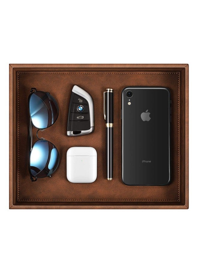 SITHON Valet Tray Desk Organizer, PU Leather Catchall Tray Bedside Vanity Tray Nightstand Caddy Coin Box Key Jewelry Storage Organizer, Brown - Image 1