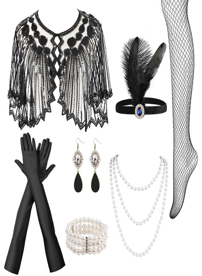 FeelfunFeather Women 1920s Flapper Set,Roaring 20s Headband Headpiece Costume Accessories for Halloween Party Cosplay, Black, One size - Image 1