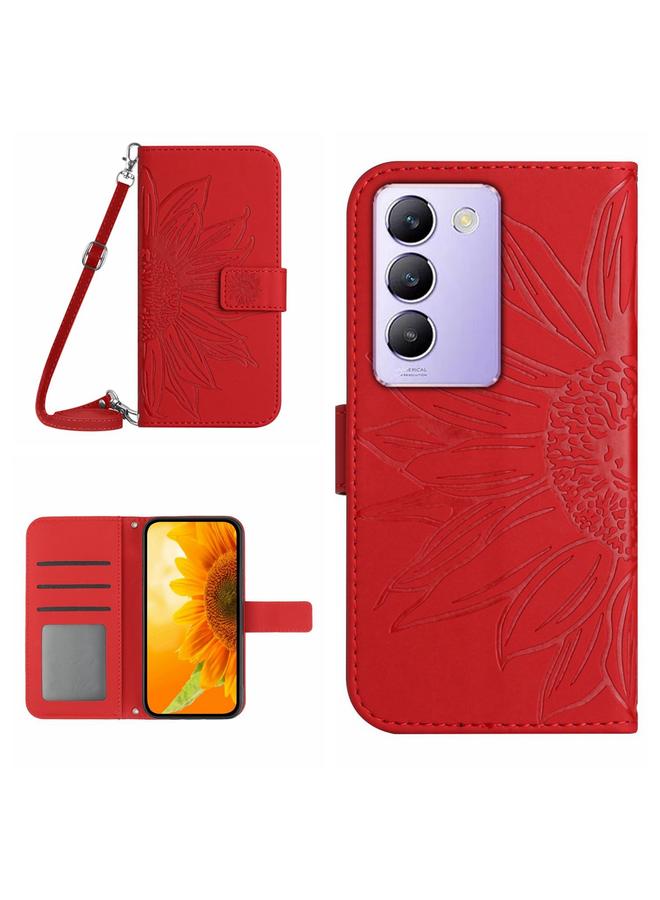 Green Tiger For vivo Y200e 5G/Y100 5G IDN/V30 Lite 5G India Skin Feel Sun Flower Embossed Flip Leather Phone Case with Lanyard(Red)
