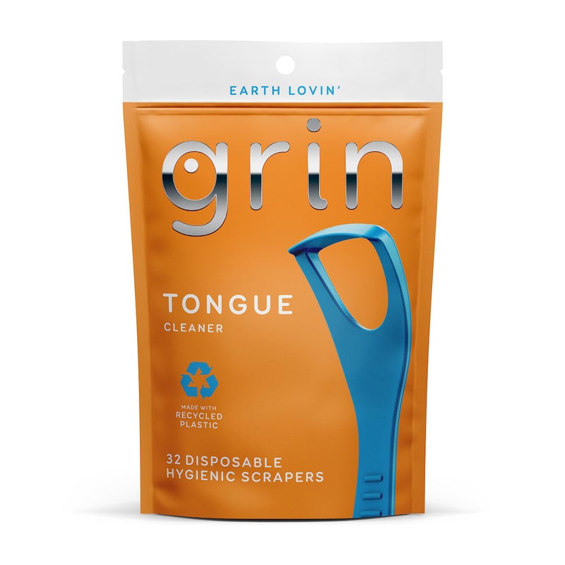 GRIN Tongue Cleaner, 32 Count, Disposable Tongue Cleaner, Hygienic Scraper, Recycled Plastic, Clean Tongue, Promote Fresh Breath, Includes Safe Fold- Back Tooth Pick - Image 1