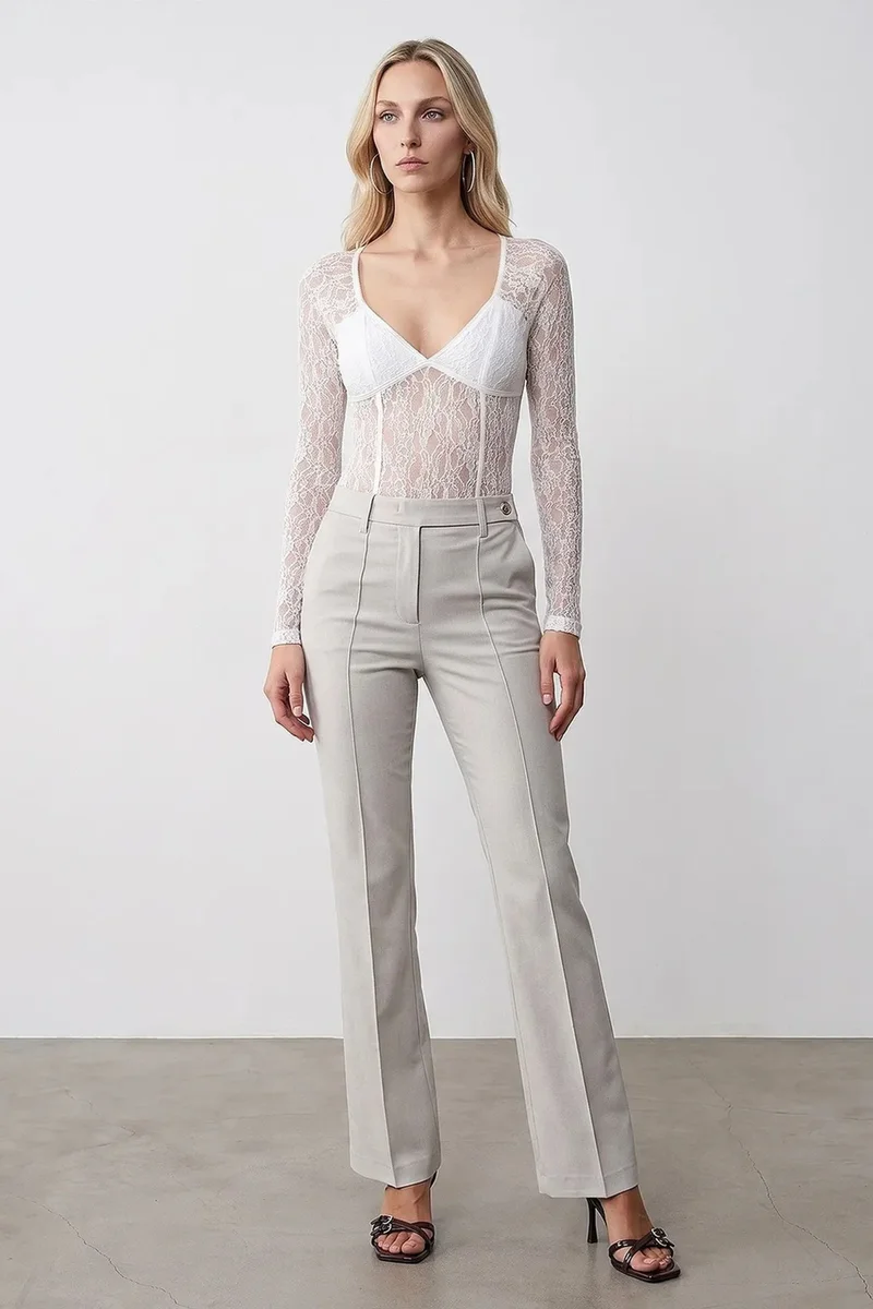 Dilvin Stone Natural DILVIN Women’s Mid-Waist Wide-Leg Crepe Trousers for Women | Best Price UAE