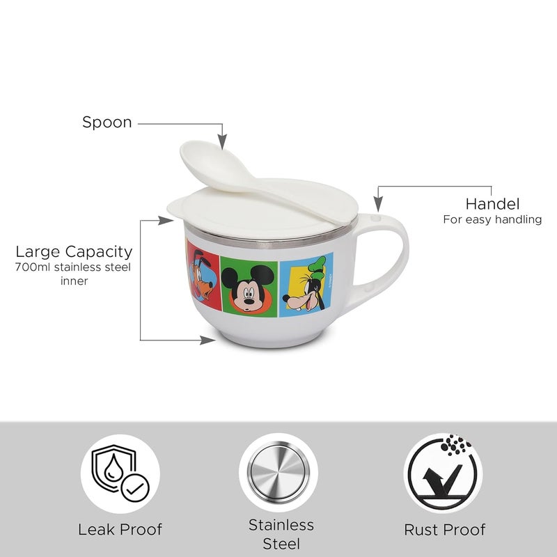 JAYPEE PLUS وعاء حساء ستانلس ستيل مطبوع بشخصية ميكي ماوس من ديزني مع غطاء وملعقة وعاء ماغي نودلز باستا، أفضل هدية ديوالي، هدية عيد ميلاد للبنات والأولاد، أبيض، 700 مل - Image 2