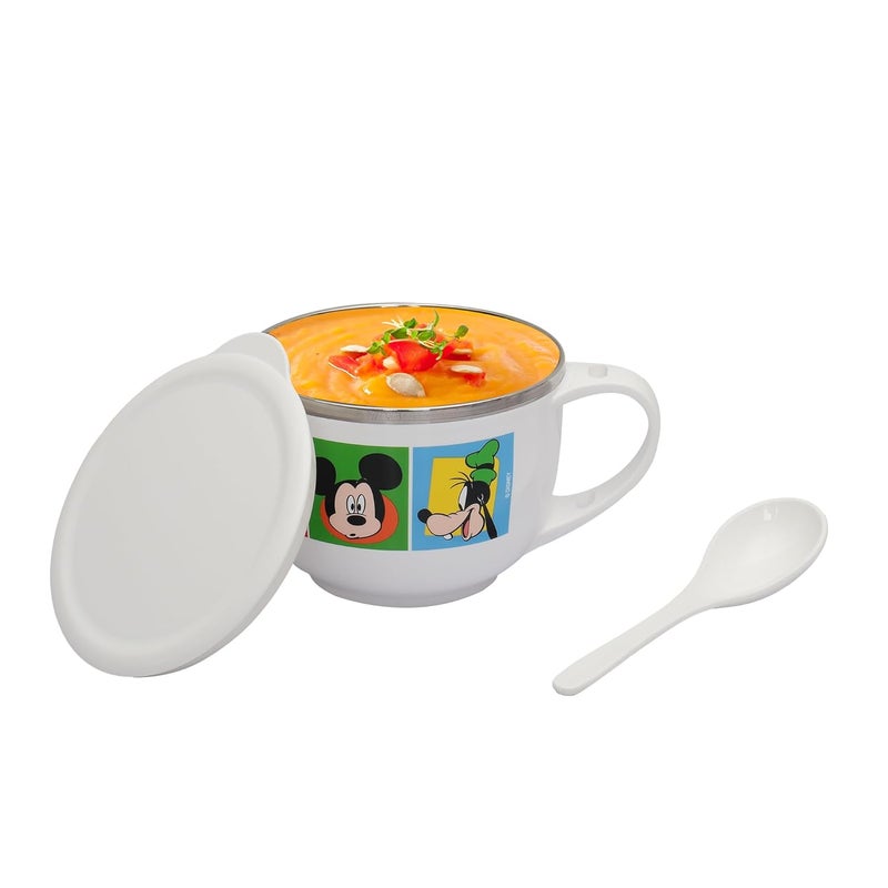 JAYPEE PLUS وعاء حساء ستانلس ستيل مطبوع بشخصية ميكي ماوس من ديزني مع غطاء وملعقة وعاء ماغي نودلز باستا، أفضل هدية ديوالي، هدية عيد ميلاد للبنات والأولاد، أبيض، 700 مل - Image 1