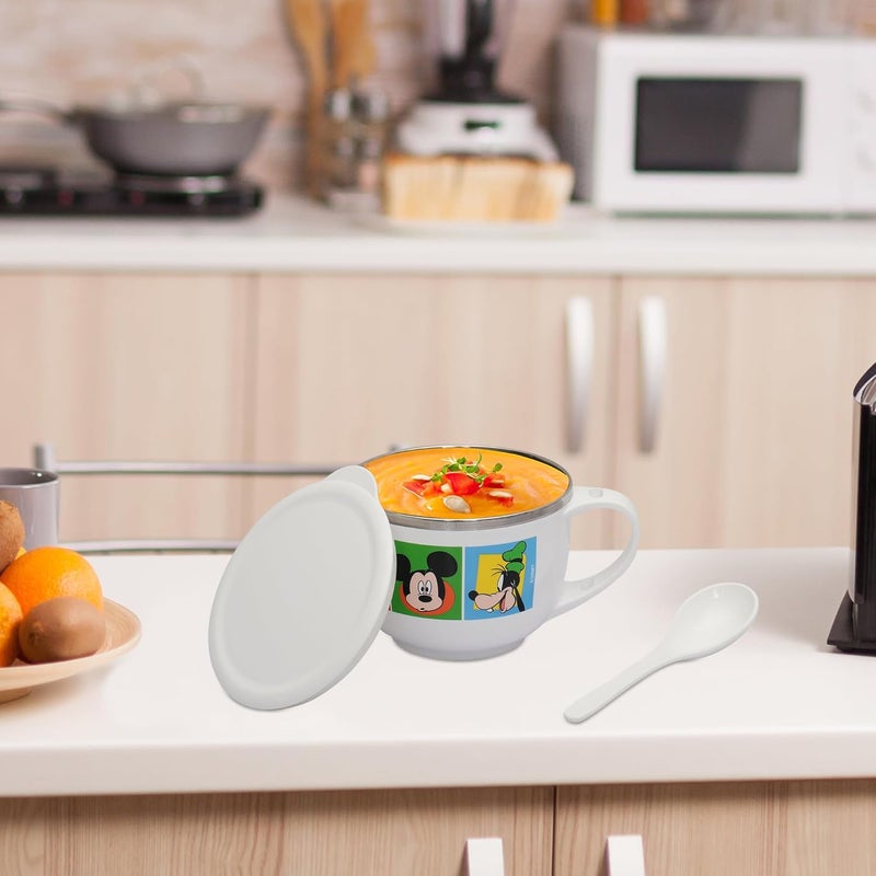 JAYPEE PLUS وعاء حساء ستانلس ستيل مطبوع بشخصية ميكي ماوس من ديزني مع غطاء وملعقة وعاء ماغي نودلز باستا، أفضل هدية ديوالي، هدية عيد ميلاد للبنات والأولاد، أبيض، 700 مل - Image 3