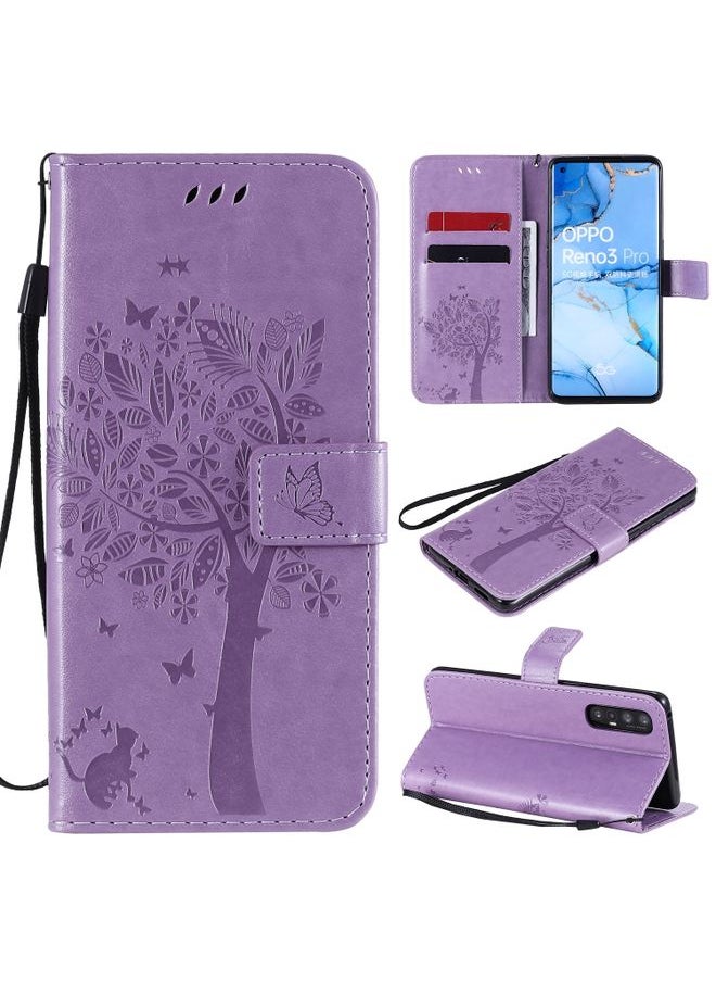 HuHa Case Cover For Oppo Reno3 Pro 5G / Find X2 Neo Tree & Cat Embossed Pattern Horizontal Flip Leather Case with Holder & Card Slots & Wallet & Lanyard Light Purple 