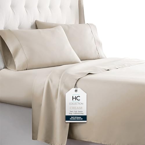 HC COLLECTION Bed Sheets Set King with 2 Pillowcases, Hotel Luxury Platinum 1800 Series Brushed Microfiber Sheet w/Deep Pocket, Ultra Soft Lightweight 4 Pcs Linen Bedding for Hot Sleepers, Cream - Image 1