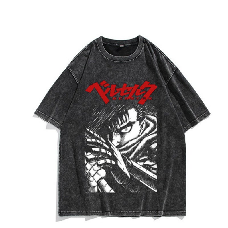 T-Shirt Printed T-Shirt Casual Breathable Washed T-Shirt Street Anime Cotton Men'S Hip-Hop - Image 1