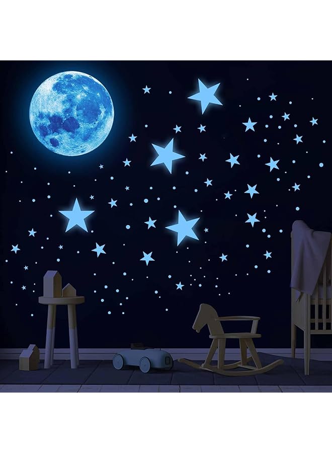 إيروريكس ملصقات حائط قابلة للإزالة على شكل نجوم مضيئة في الظلام وملصقات قمر مكتملة وواقعية لتزيين غرفة نوم الأطفال باللون الأزرق - Image 3