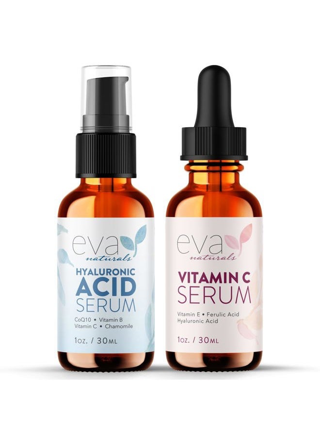 Eva Naturals Hydrate and Brighten Skincare Bundle - Includes Hyaluronic Acid Serum and 20% Vitamin C Serum - Restores Lost Moisture, Plumps Skin while Toning and Smoothing the Complexion  - Image 1