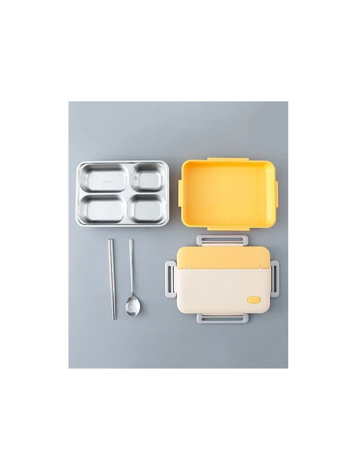 Beetles Beetle Japanese stainless steel lunch box 930ml 4 Compartment Lunch Box with spoon & chopsticks- Yellow and offwhite  - Image 2
