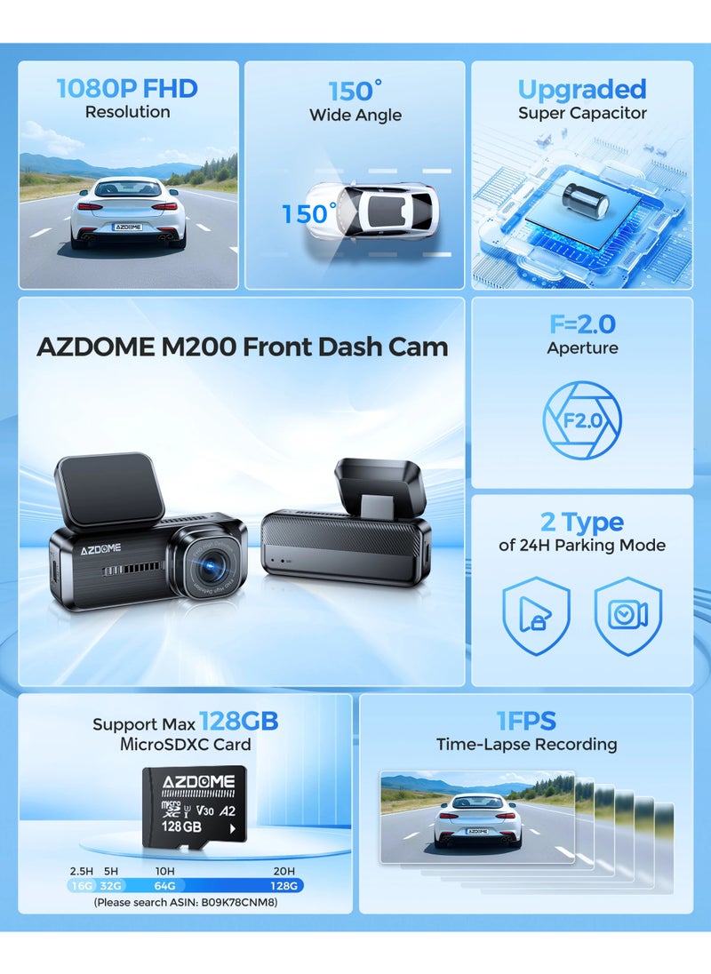 أزدوم كاميرا Dash Cam M200 1080P 1080P FHD Wifi كاميرا سيارة تحكم صوتي إنجليزي DVR سيارة DVR رؤية ليلية G-مستشعر 24 ساعة مراقبة وقوف السيارات  - Image 2