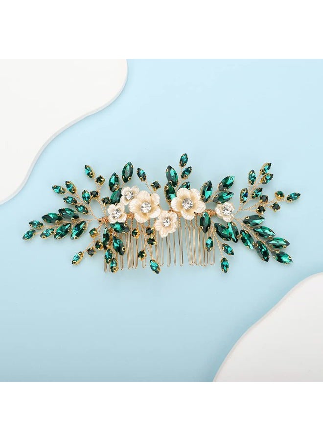 BERYUAN Bridal White Flower Green Crystal Rhinestone Hair Comb for Bride Bridesmaid Sliding side Headpieces Wedding Hair Accessories for Women and Girls (Green) - Image 1