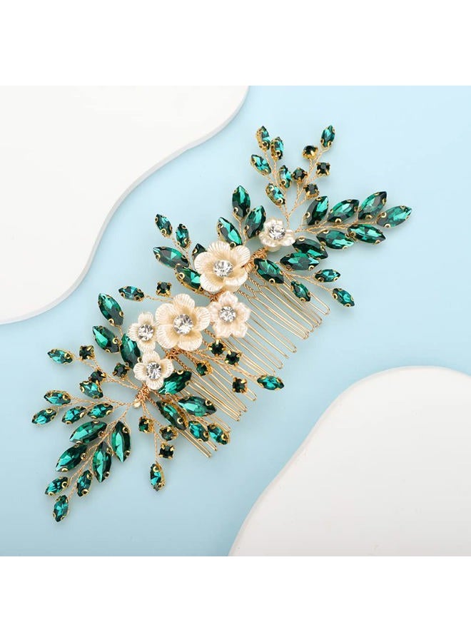 BERYUAN Bridal White Flower Green Crystal Rhinestone Hair Comb for Bride Bridesmaid Sliding side Headpieces Wedding Hair Accessories for Women and Girls (Green) - Image 2