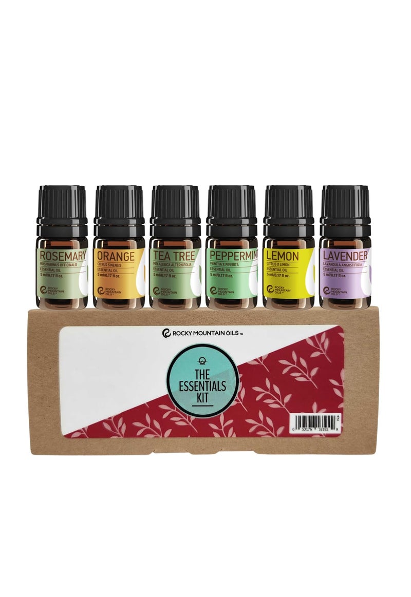 Rocky Mountain Oils The Essentials Kit - Includes Lavender, Lemon, Orange, Peppermint, Tea Tree, and Rosemary Essential Oil - Topical, and Cleaning - 5ml - Image 1