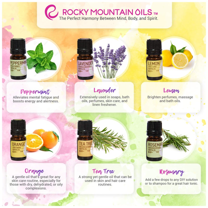 Rocky Mountain Oils The Essentials Kit - Includes Lavender, Lemon, Orange, Peppermint, Tea Tree, and Rosemary Essential Oil - Topical, and Cleaning - 5ml - Image 2