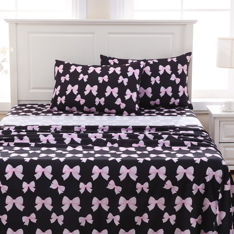 MICORAL Black & Pink Bow Queen Sheet Set, 4-Piece Printed Boho Bed Sheets, 16" Deep Pocket, Double Brushed Microfiber. Ultra Soft & Cooling Sheet, Oeko-TEX Certified, Black & Pink Bow - Image 1