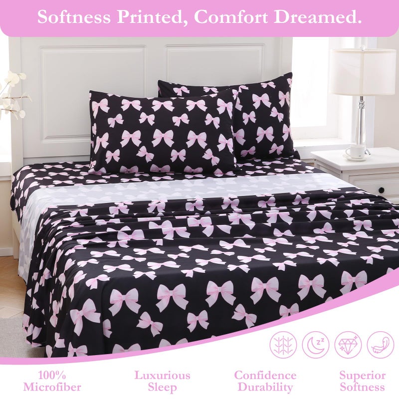 MICORAL Black & Pink Bow Queen Sheet Set, 4-Piece Printed Boho Bed Sheets, 16" Deep Pocket, Double Brushed Microfiber. Ultra Soft & Cooling Sheet, Oeko-TEX Certified, Black & Pink Bow - Image 3