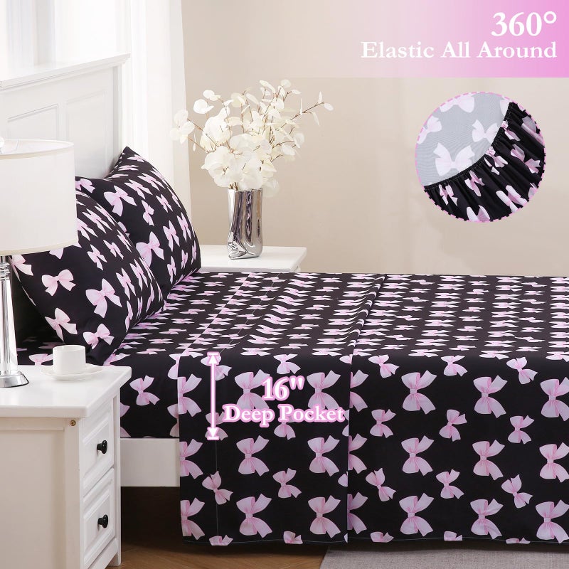 MICORAL Black & Pink Bow Queen Sheet Set, 4-Piece Printed Boho Bed Sheets, 16" Deep Pocket, Double Brushed Microfiber. Ultra Soft & Cooling Sheet, Oeko-TEX Certified, Black & Pink Bow - Image 5