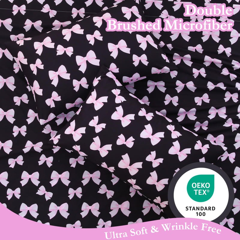 MICORAL Black & Pink Bow Queen Sheet Set, 4-Piece Printed Boho Bed Sheets, 16" Deep Pocket, Double Brushed Microfiber. Ultra Soft & Cooling Sheet, Oeko-TEX Certified, Black & Pink Bow - Image 4