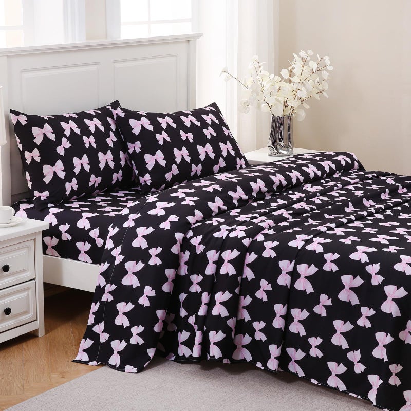 MICORAL Black & Pink Bow Queen Sheet Set, 4-Piece Printed Boho Bed Sheets, 16" Deep Pocket, Double Brushed Microfiber. Ultra Soft & Cooling Sheet, Oeko-TEX Certified, Black & Pink Bow - Image 2