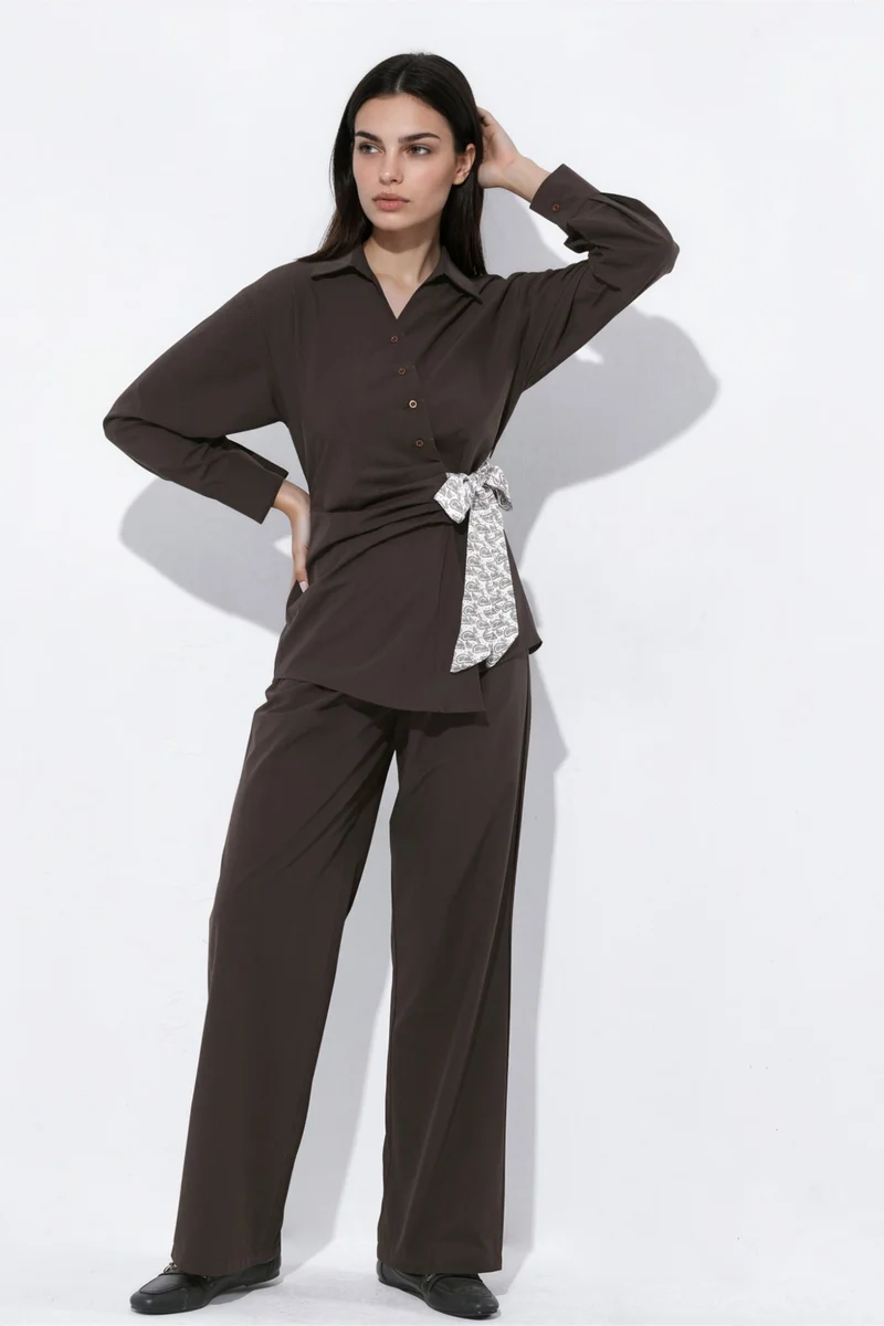 هيكاب Wrap Collar Shirt and Pants Two-Piece Set