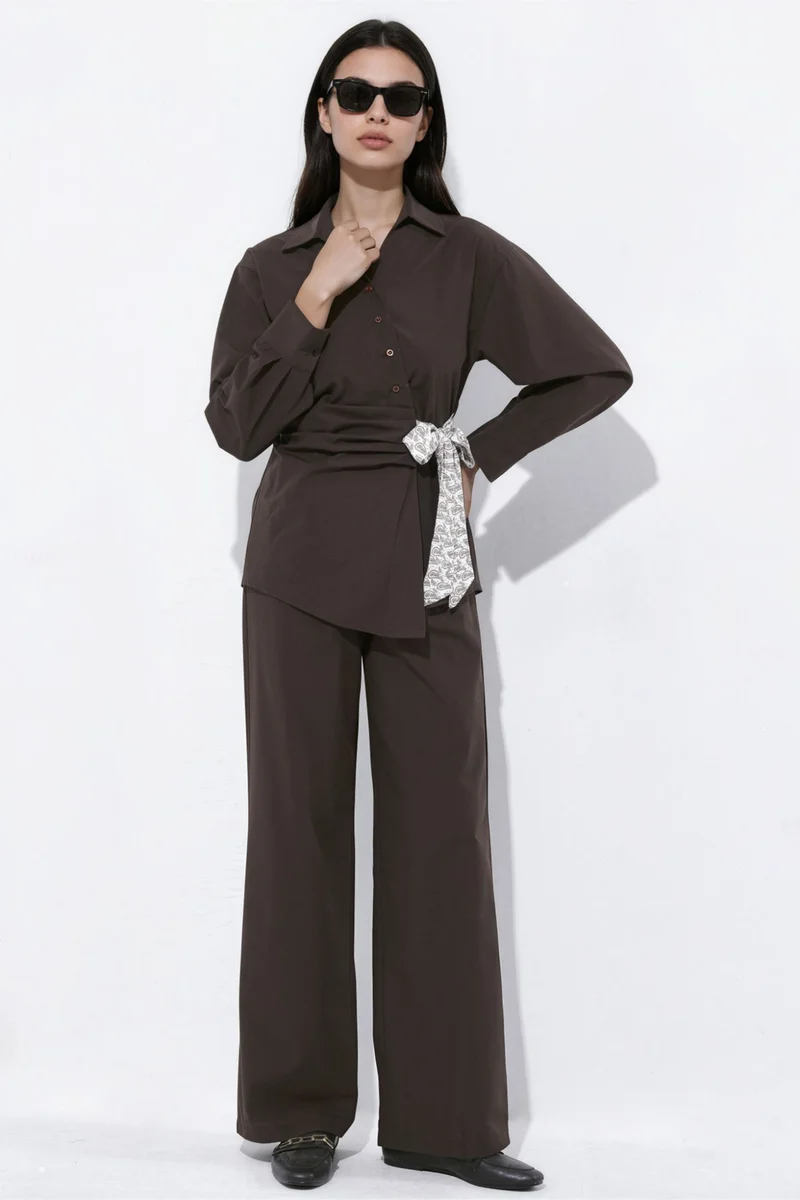 هيكاب Wrap Collar Shirt and Pants Two-Piece Set