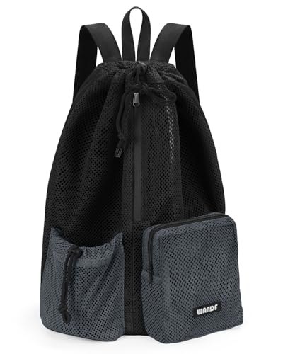 WANDF Swim Bag Mesh Drawstring Backpack with Wet Pocket Beach Bag for Swimming Pool Gym Workout Men and Women Black - Image 1