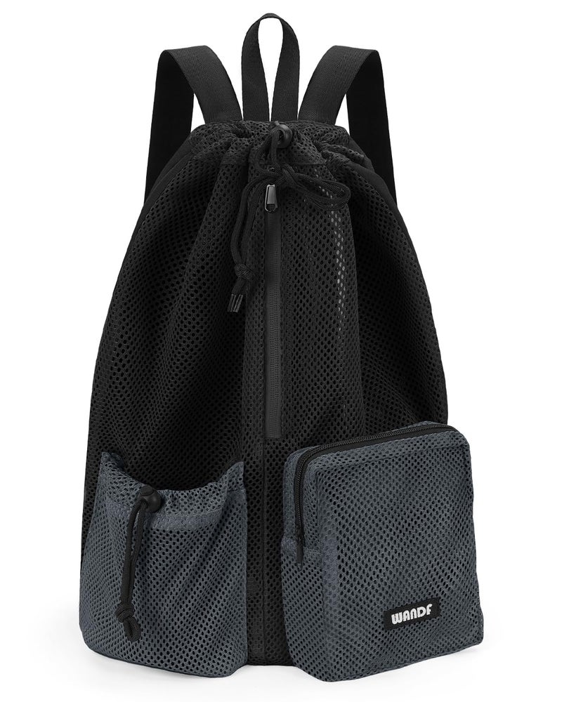 WANDF Swim Bag Mesh Drawstring Backpack with Wet Pocket Beach Bag for Swimming Pool Gym Workout Men and Women Black - Image 2