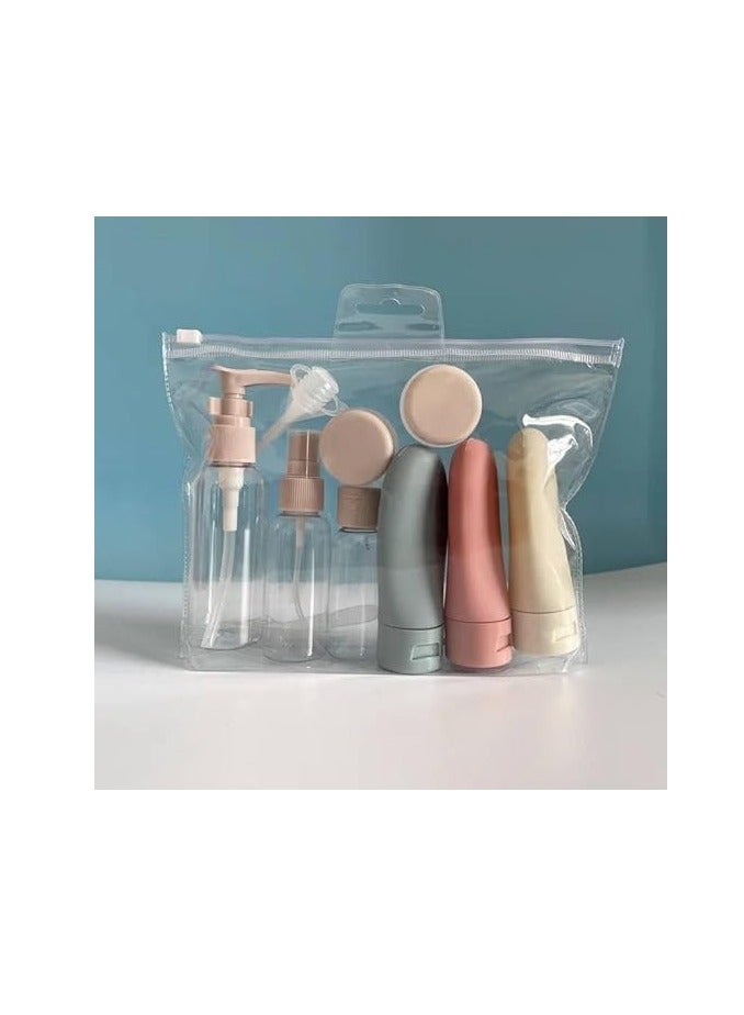 Premium Set Of 9 Pieces Travel Refillable Bottle Set Spray Lotion Shampoo Shower Gel Tube Bottling Cosmetic Empty Liquid Container Portable Tool Refill (pink) - Image 4