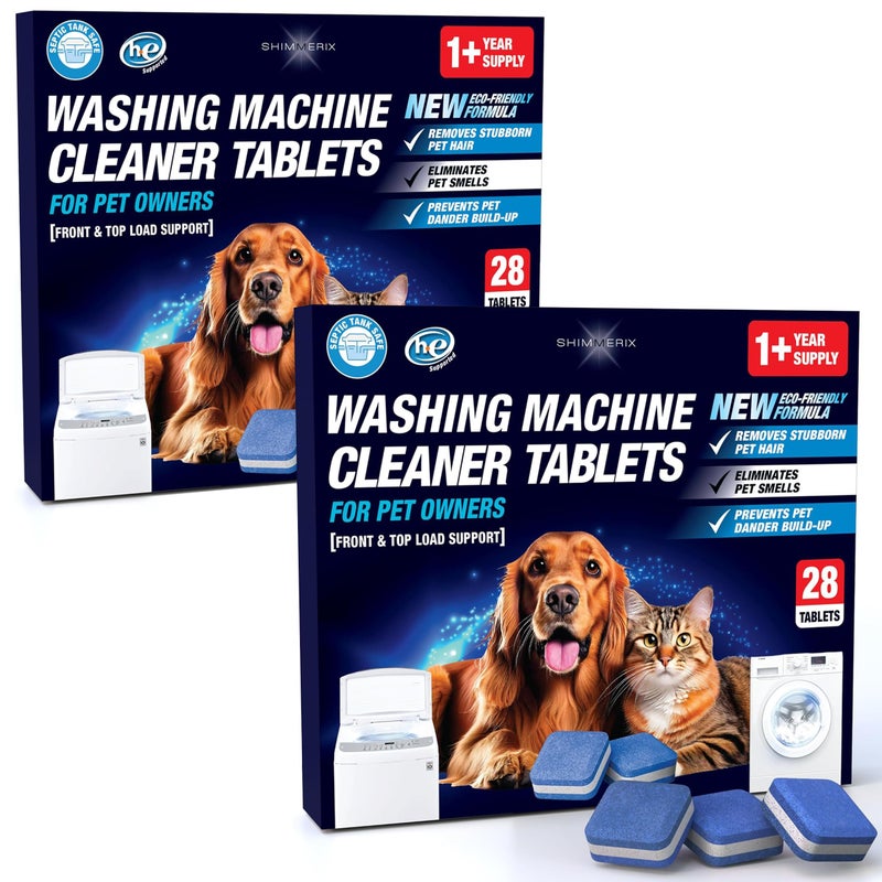 SHIMMERIX Washing Machine Cleaner Pro Tablets for Pet Owners - 56 Pack, Front & Top Load Washer Deep Cleaning, Septic Tank Safe, HE Support, Remove Stubborn Pet Hair, Eliminates Smells, Prevents Dander Build-up - Image 1