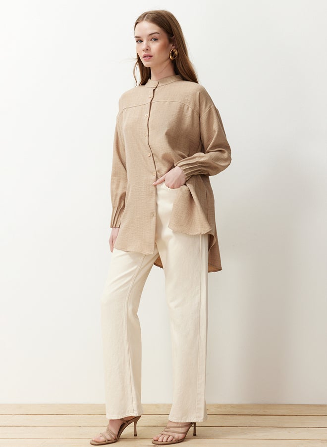trendyol Beige Linen Aerobin Oversize Woven Shirt TCTSS24TG00065 - Image 2