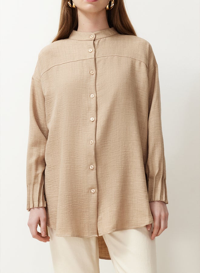 trendyol Beige Linen Aerobin Oversize Woven Shirt TCTSS24TG00065 - Image 5