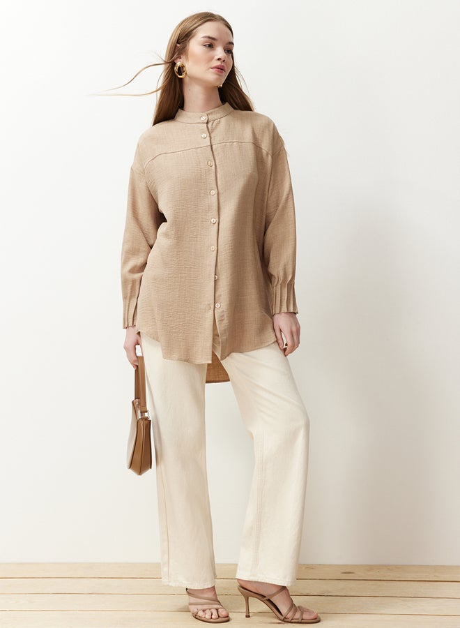 trendyol Beige Linen Aerobin Oversize Woven Shirt TCTSS24TG00065 - Image 1