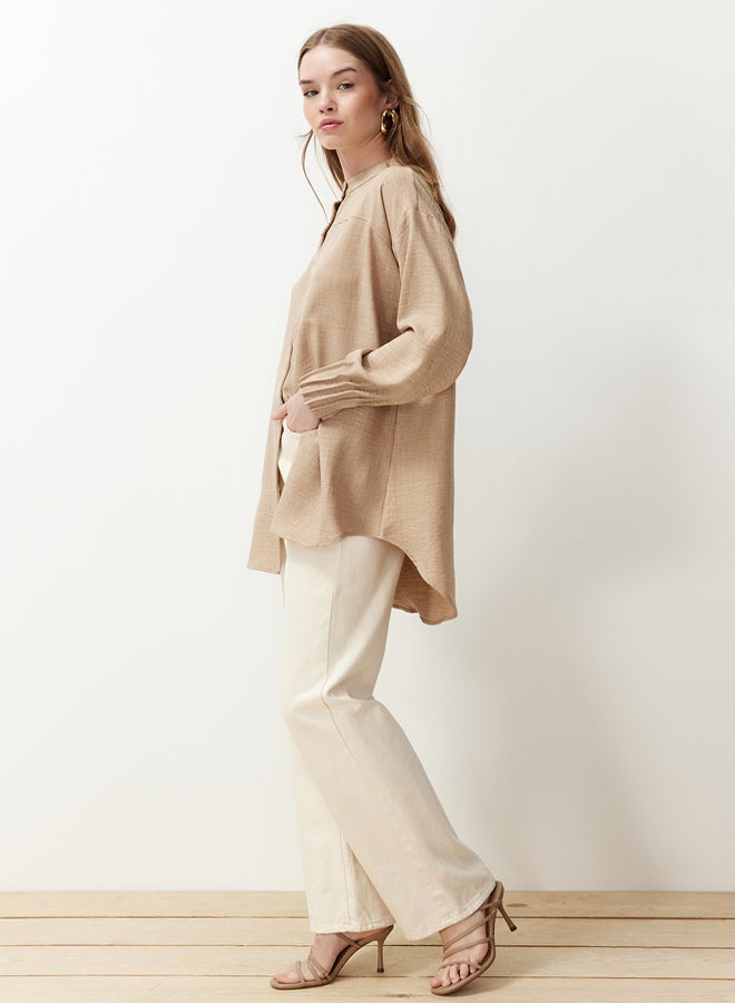 trendyol Beige Linen Aerobin Oversize Woven Shirt TCTSS24TG00065 - Image 3