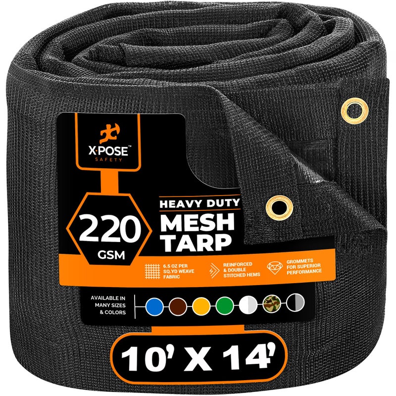 xpose safety Xpose Safety Heavy Duty Mesh Tarp  10 x 14 Multipurpose Black Protective Cover with Air Flow  Use for Tie Downs Shade Fences Canopies Dump Trucks  Tear Resistant 