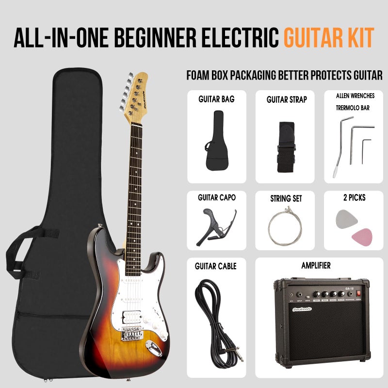 Soulmate Electric Guitar Kit for Beginner 39" HSS Pick Up Solid Body Full Size Electric Guitar for Starter with Amplifier, Bag, Capo, Strap, String,Cable, Picks(Sunburst) - Image 2