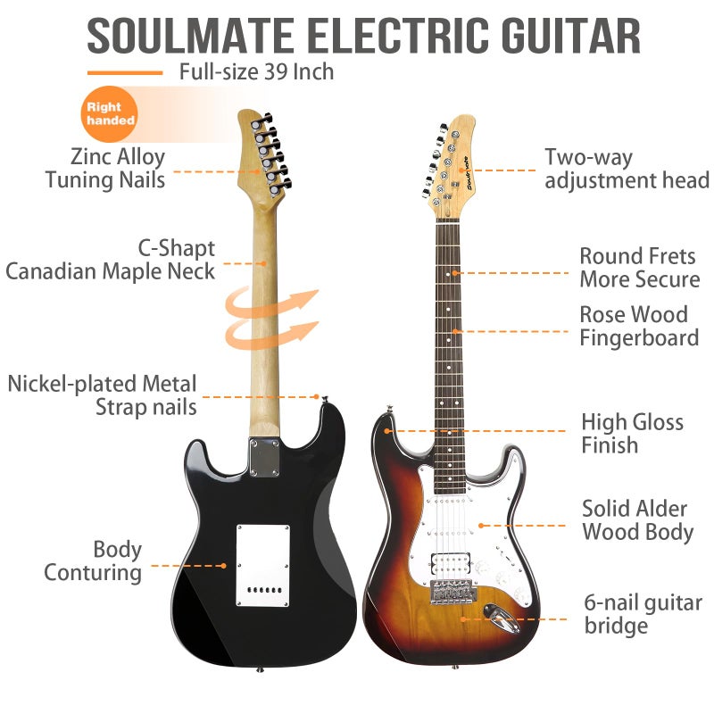 Soulmate Electric Guitar Kit for Beginner 39" HSS Pick Up Solid Body Full Size Electric Guitar for Starter with Amplifier, Bag, Capo, Strap, String,Cable, Picks(Sunburst) - Image 4