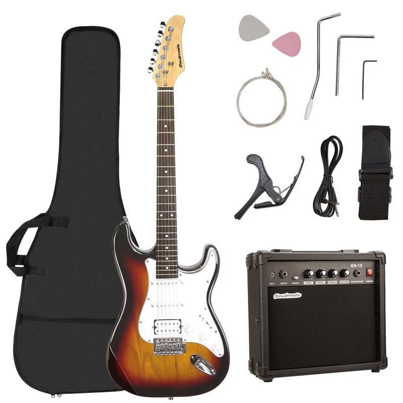 Soulmate Electric Guitar Kit for Beginner 39" HSS Pick Up Solid Body Full Size Electric Guitar for Starter with Amplifier, Bag, Capo, Strap, String,Cable, Picks(Sunburst) - Image 1