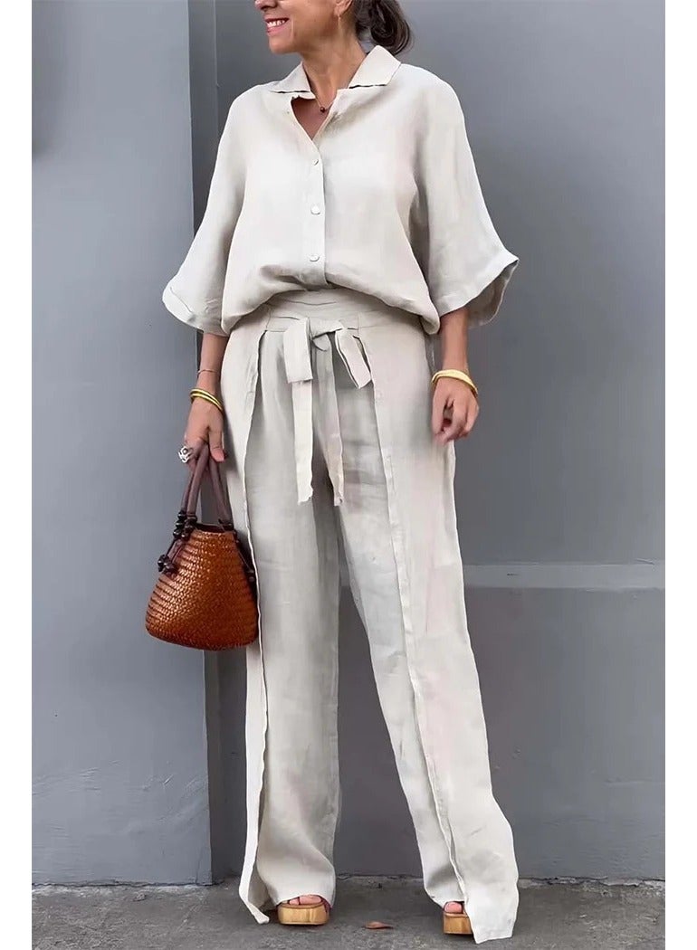 Shougu Casual Solid Color Shirt Belt Wide Leg Irregular Pants Set  - Image 1