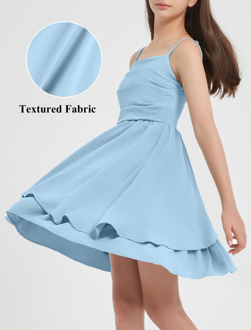 EXARUS Girls Dress Blue Teen Easter Church Formal Back to School Homecoming Dance Casual Tween Swing Ruched Flowy Ruffle Summer Spaghetti Strap Adjustable Outfits Dresses Cami for 10 Years - Image 3