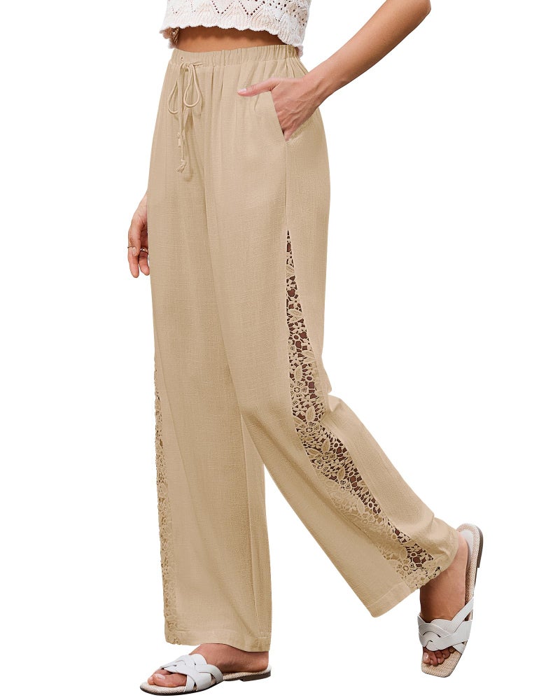 GRAPENT Womens Summer Pants Wide Leg Linen Pants Linen Trousers for Women Pantalones para Mujer Beige Large US Size 12-14 - Image 1