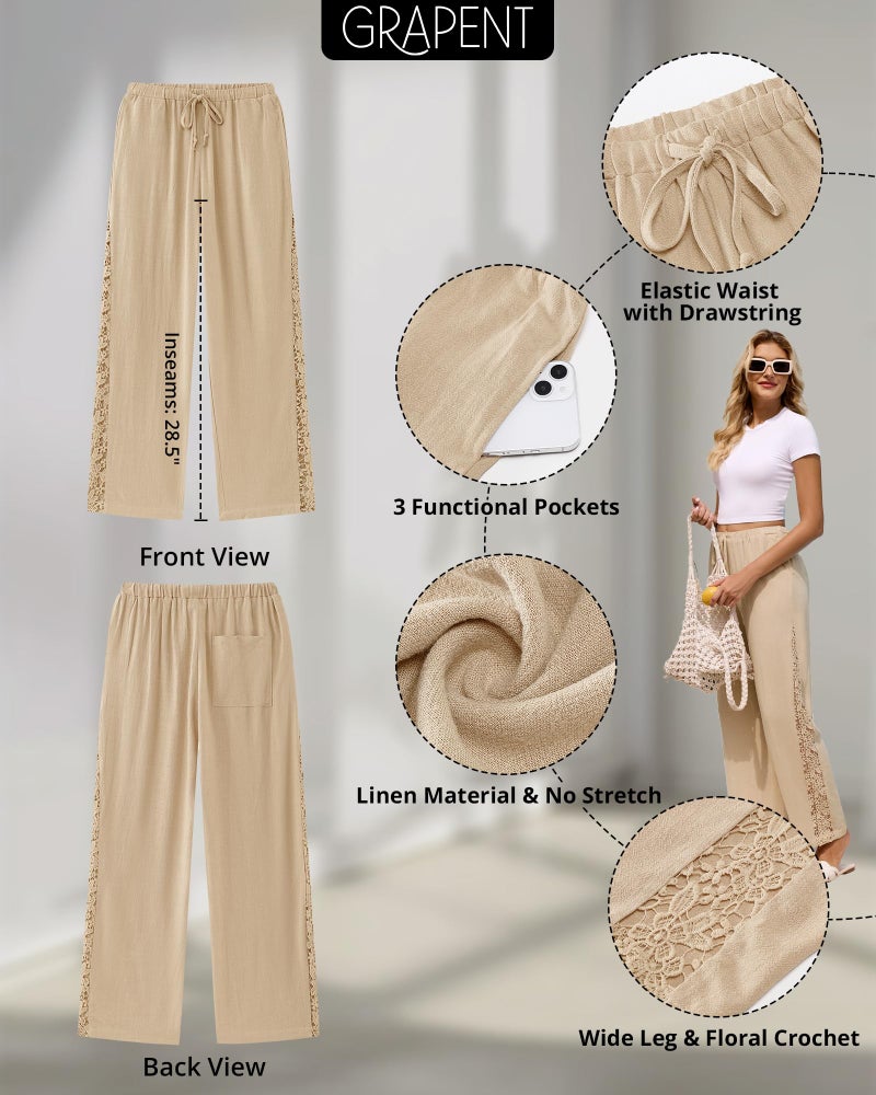 GRAPENT Womens Summer Pants Wide Leg Linen Pants Linen Trousers for Women Pantalones para Mujer Beige Large US Size 12-14 - Image 4