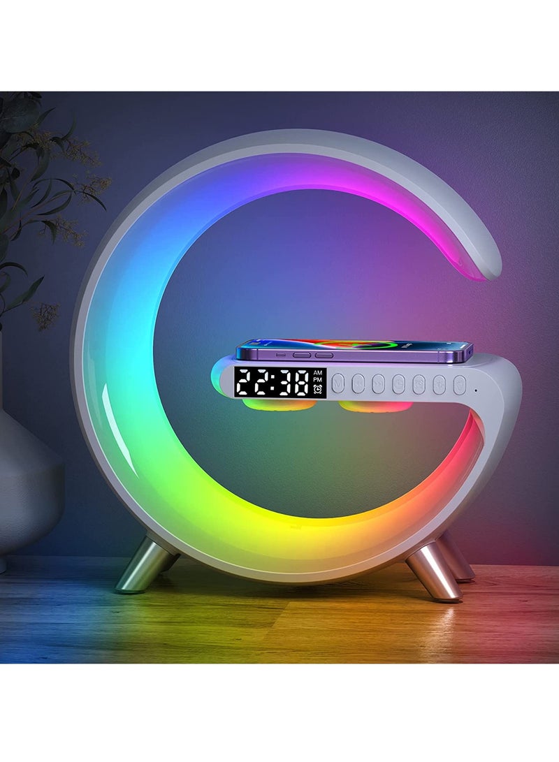 مصباح جو RGB، ضوء مزاج متغير الألوان مع شاحن لاسلكي، مصباح LED بقوة 15 واط بجانب السرير مع عرض الوقت، ضوء ليلي قابل للتعتيم مع منبه، مكبر صوت بلوتوث وتحكم عبر التطبيق لغرفة النوم، الحفلات - Image 1