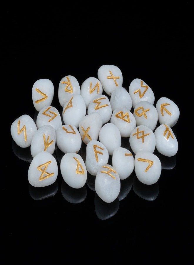 Crocon Scolecite Rune Tumble Shape Gemstone Rune with Elder Futhark Alphabet Engraved 25 pcs Runes Set Crystal Divination Healing Chakra Reiki with a Pouch Size : 15-20 mm - Image 1