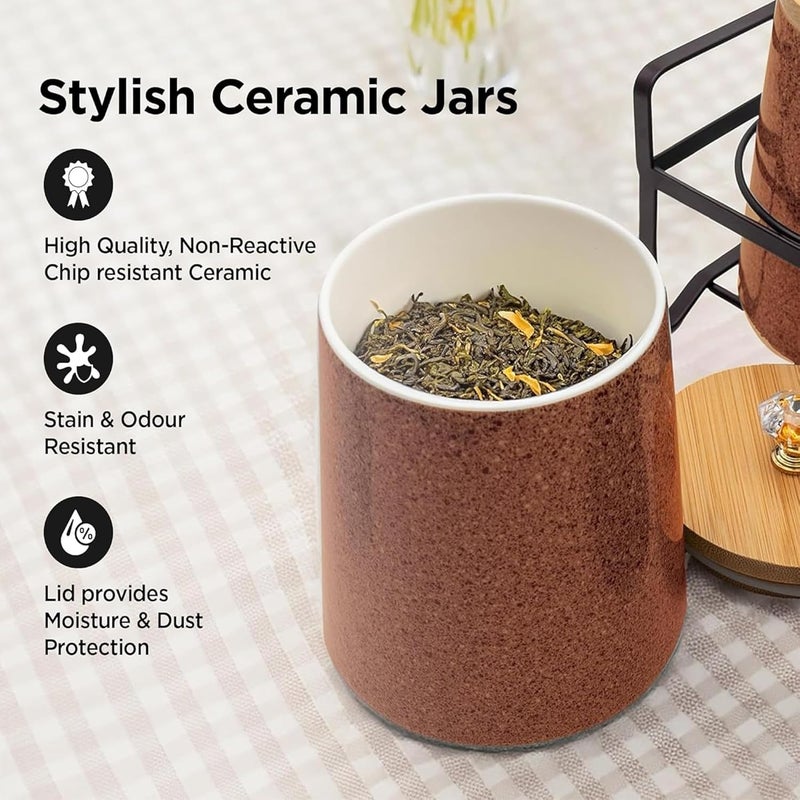 Kuber Industries Kuber Industries Set of 3 (650 ml) Airtight Ceramic Salt Jar Storage Set with Bamboo Wooden Lid or Holder For Kitchen Condiment | Chini Mitti Pots Container for Achar & Sugar | Brown  - Image 4
